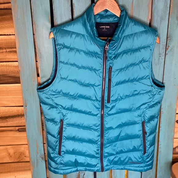 Lands’ End down puffer vest size 38-40 medium turquoise black lining 3 pockets - Picture 1 of 8
